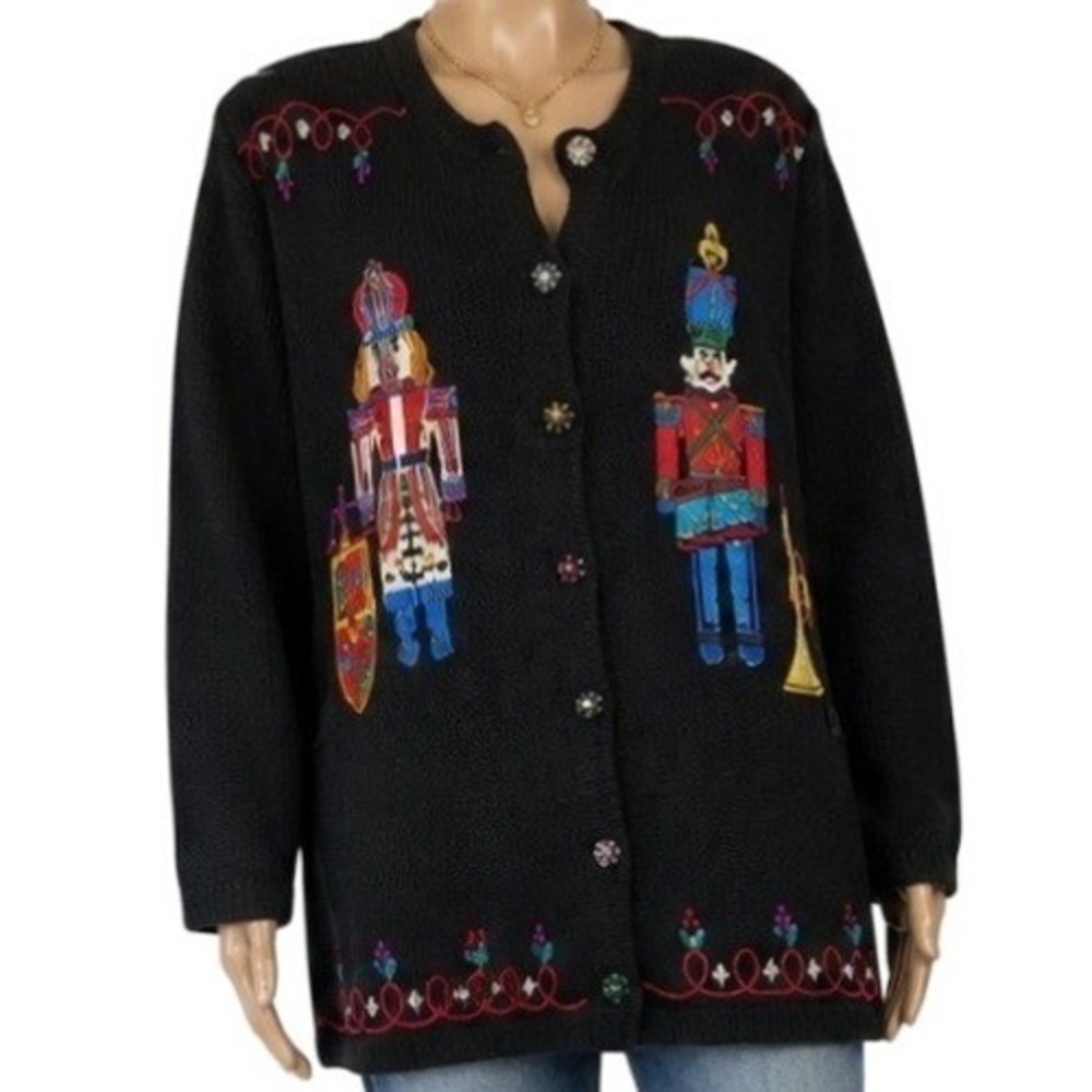 Victoria Woman Cardigan Women 2X Black Nutcracker Beaded Embroidered Christmas